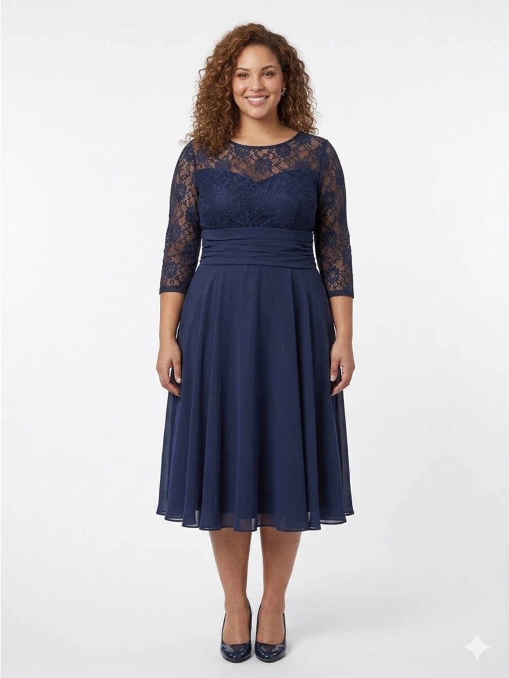 Jessica Howard Formal 3/4 Sleeve Navy Lace Midi Fit-and-Flare Dress Size 16